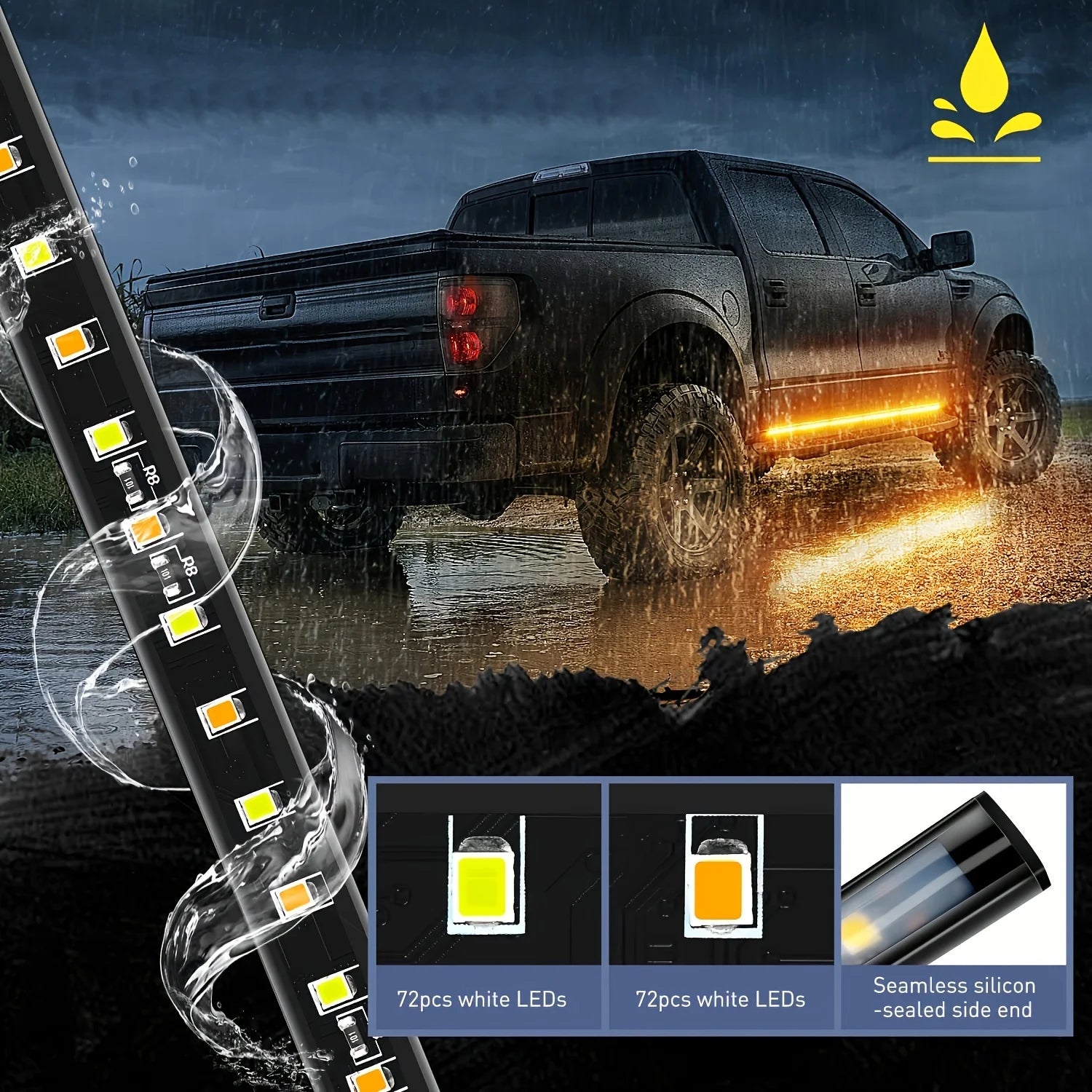 2pcs 180cm LED Running Board Lights - Amber Turn Signal & Side Marker for Trucks
