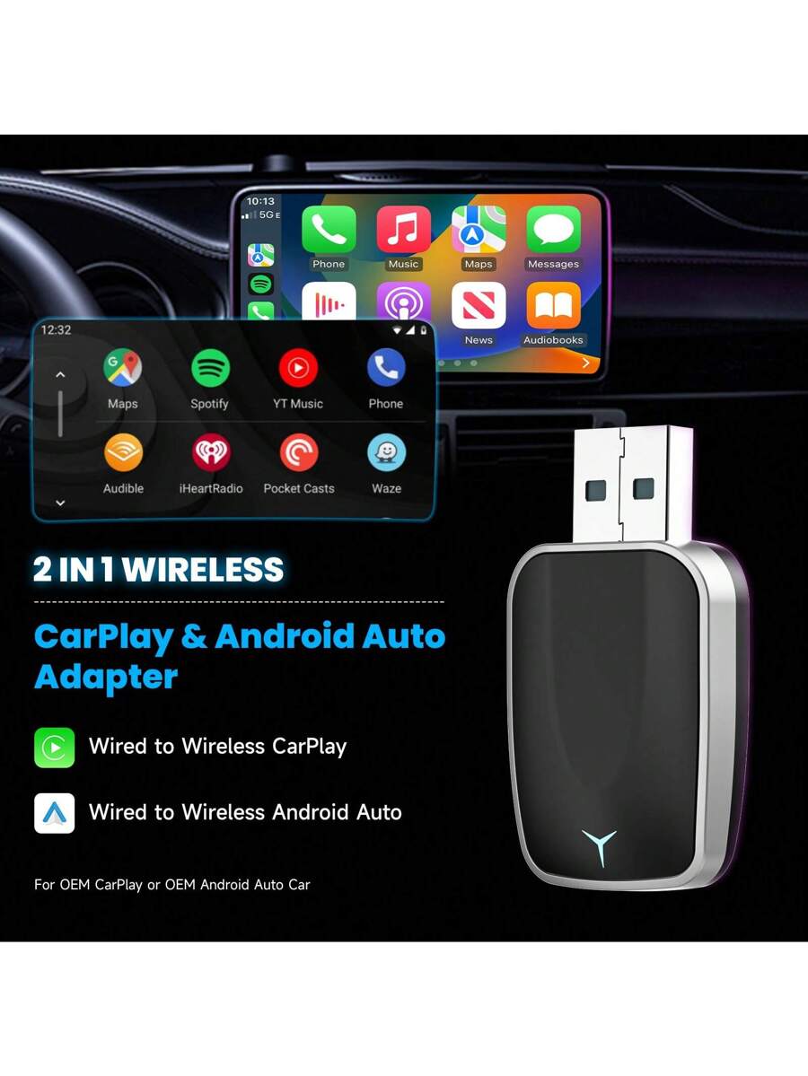 Wireless CarPlay & Android Auto Adapter - 2-in-1 USB Dongle for 2016+ Cars