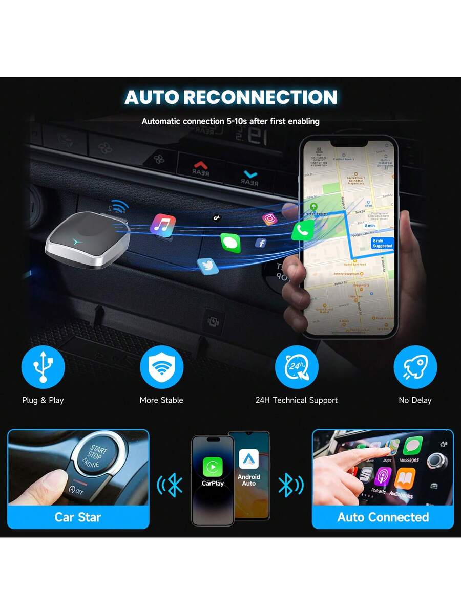 Wireless CarPlay & Android Auto Adapter - 2-in-1 USB Dongle for 2016+ Cars