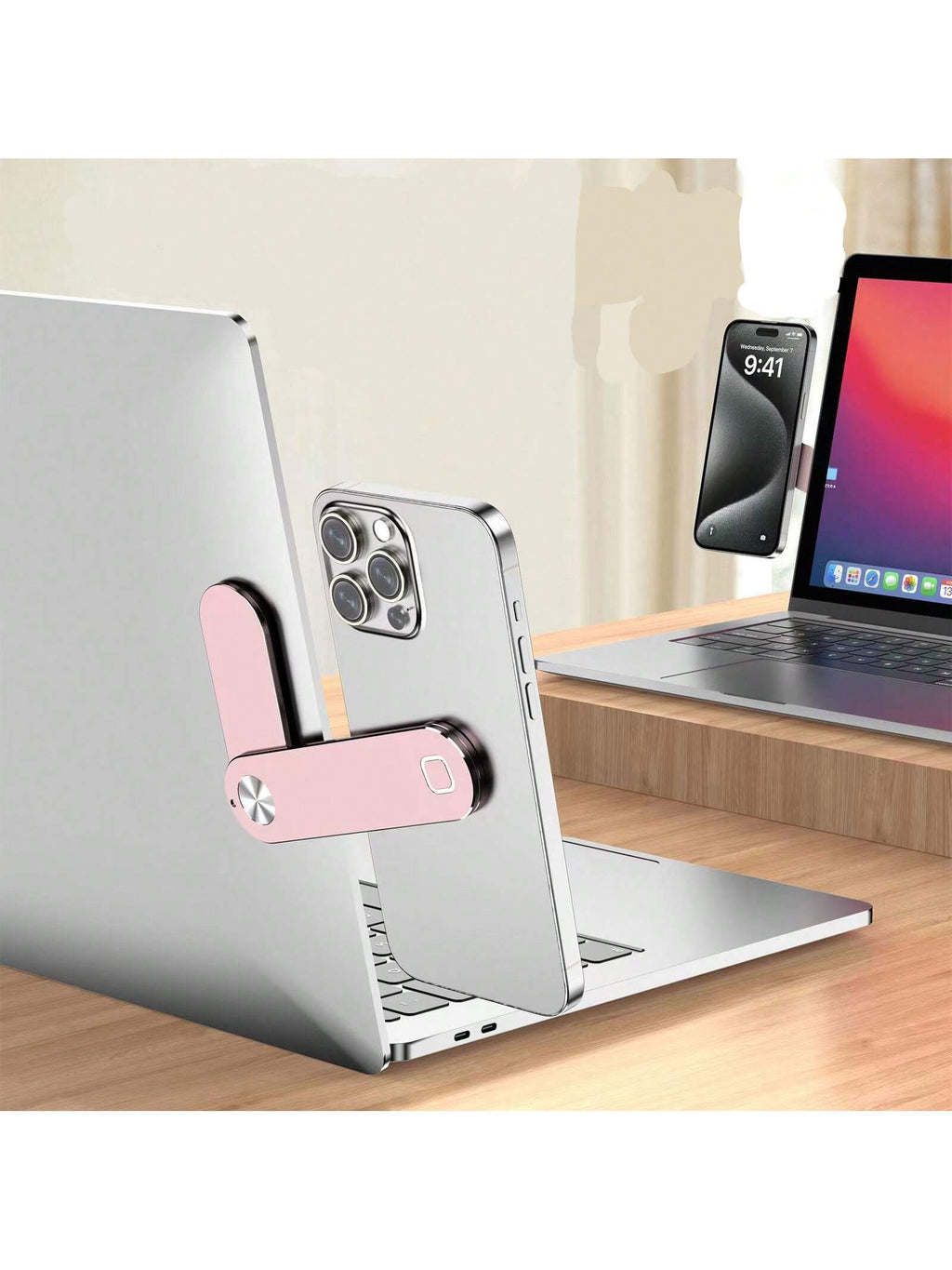 Magnetic Laptop Side Phone Stand - Portable Dual-Screen Clip Holder Silver